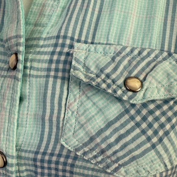 American Eagle Pearl Snap Plaid Shirt Navy Aqua Long Sleeve Size 2 Y2K Grunge - Picture 3 of 8